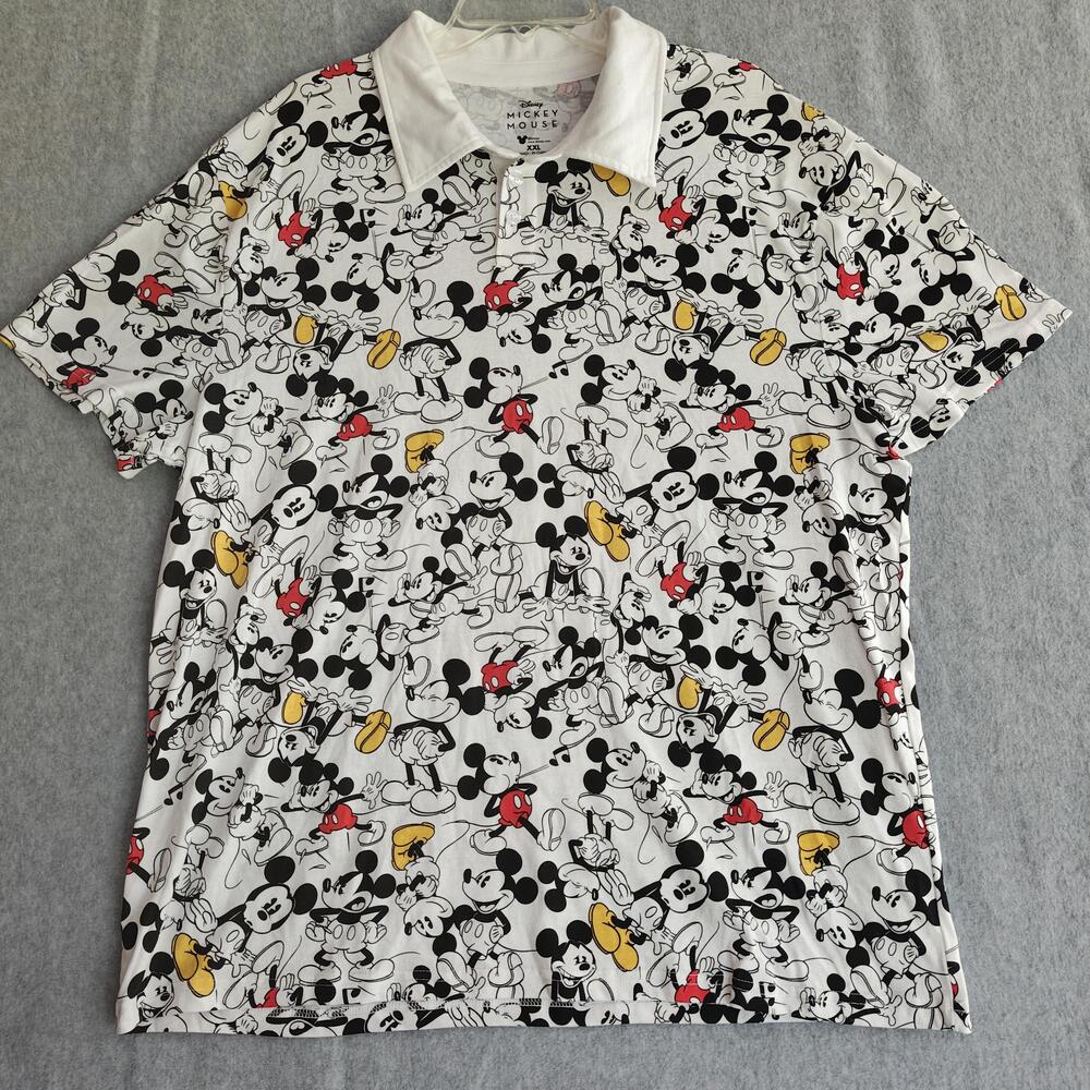 Disney Mickey Mouse Polo Shirt Mens 2XL White AOP Cartoon All Over Print